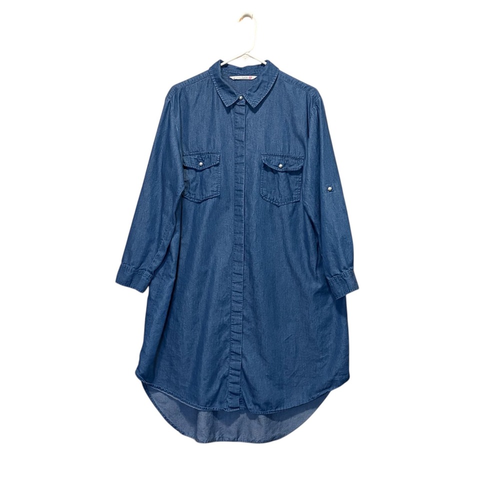 Given Kale Shirt Dress Womens 1X Blue Denim Chambray Pearl Button Tab
